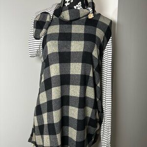 Black and Gray Checkered Top with Striped Sleeves
